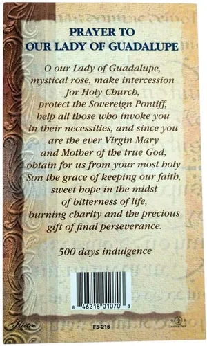 Vista 3 de William J. Hirten Tarjeta Santa Católica Deluxe con Oraciones Tradicionales (Nuestra Señora de Guadalupe)