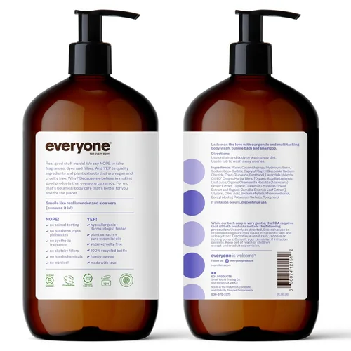 Vista 4 de Everyone Jabón 3 en 1, gel de baño, baño de burbujas, champú, 32 onzas (paquete de 1), lavanda y aloe, hecho con aceites esenciales para hombres
