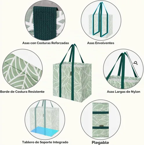 Vista 3 de BALEINE Paquete de 2 bolsas de comestibles reutilizables con parte inferior reforzada, bolsas plegables resistentes (follaje antiguo)