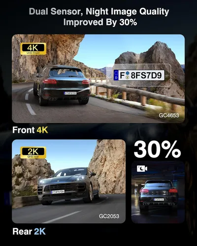 Vista 3 de Cámara de tablero frontal y trasera, cámara de tablero de grabación 4K+2K para automóviles, visión nocturna con WDR, gran angular de 170°, WiFi dual