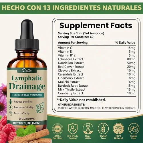 Vista 3 de Dalin Gotas de drenaje linfático liposomal - Suplemento de drenaje linfático orgánico 21 en 1 con raíz de bardana, equinácea, saúco, caléndula
