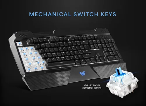 Vista 5 de Beastron Teclado mecánico con cable para juegos con interruptores azules, reposamuñecas, compatible con PC y Mac