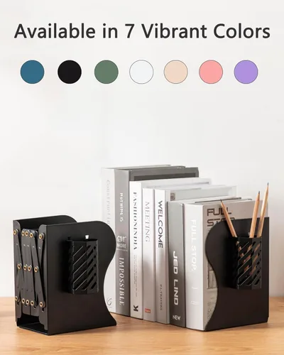 Vista 5 de Sujetalibros Kingsmile, sujetalibros ajustables para estantes, sujetalibros de metal para libros pesados, organizador de topes de libros con porta