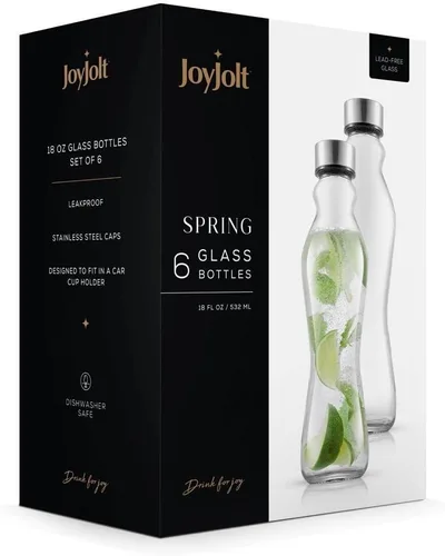 Vista 6 de JoyJolt Juego de botellas de agua de vidrio de primavera de 6 a 18 onzas con tapas de acero inoxidable, botellas de vidrio con tapas a prueba