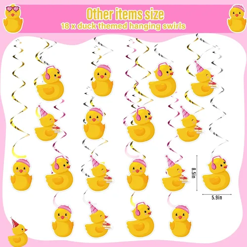 Vista 5 de Outus 77 piezas de decoración de fiesta de patito rosa, lindo accesorio de fiesta de cumpleaños de pato, incluye una bonita pancarta colgante