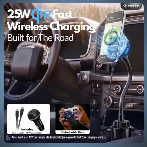 Vista 2 de Qi2 25W Cooling Wireless Car Charger 15 Inch Cup Holder Phone Mount