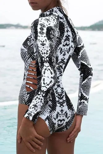 Vista 2 de Dokotoo Traje de baño de una pieza con estampado de leopardo de moda 2023 con cremallera frontal y manga larga para mujer