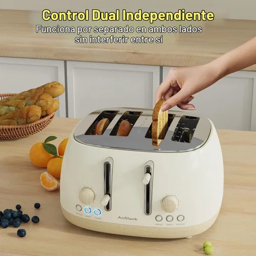 Vista 6 de Tostadora de 4 rebanadas, tostadora retro de acero inoxidable con ranuras extra anchas, funciones de cancelar, bagel y descongelar, panel de control
