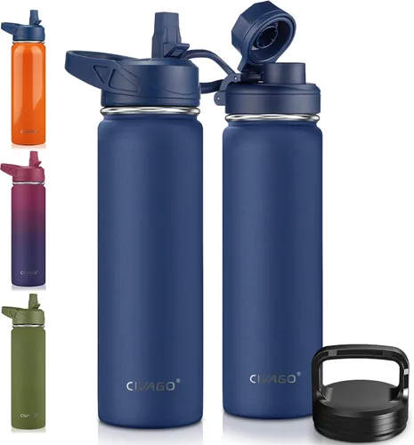 Vista 18 de CIVAGO Botella de agua aislada de 22 onzas con pajita, frasco de agua deportiva de acero inoxidable con 3 tapas