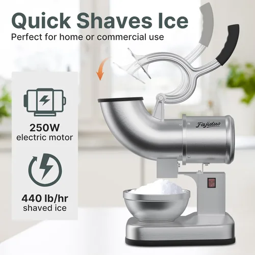 Vista 2 de Afeitadora de hielo eléctrica, trituradora de hielo de doble hoja de acero inoxidable 440LBS/H, máquina de hielo afeitado comercial, máquina de cono
