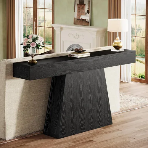 Vista 4 de Tribesigns Mesa consola negra de 63 pulgadas, mesa de entrada de granja con base trapezoidal, mesa de sofá estrecha y larga de madera detrás