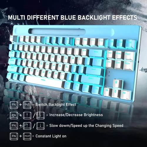 Vista 3 de Teclado mecánico Bluetooth para juegos con retroiluminación múltiple de 87 teclas, antirfantasma, ergonómico, con cableinalámbrico, receptor USB