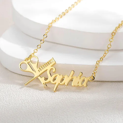 Vista 3 de Collar de peluquero personalizado con nombre de tijera, collar de peluquería con nombre personalizado, joyería de tijera, collar para estilista
