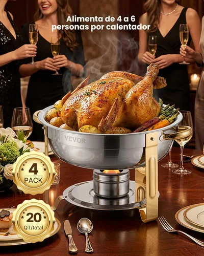 Vista 5 de VEVOR Juego de bufé de calentador de comida, 5 cuartos de galón, paquete de 4, de acero inoxidable con 4 bandejas de tamaño completo, servidor