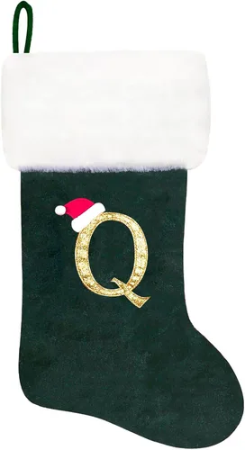 Vista 30 de Calcetines de Navidad bordados de 20 pulgadas con monograma, terciopelo negro con puño de felpa blanca supersuave, adornos clásicos para decoración