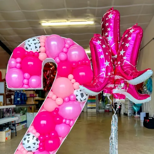 Vista 7 de 4 botas de vaquera rosa+sombrero de papel de aluminio/decoraciones de primer cumpleaños de rodeo niña/decoraciones de fiesta de vaca