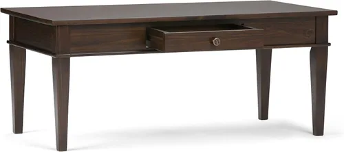 Vista 4 de SIMPLIHOME Carlton Mesa de café – Mesa de cóctel de transición de madera maciza de 44 pulgadas de ancho en marrón tabaco oscuro, mesa clásica