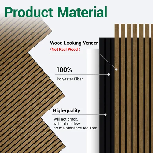 Vista 2 de 4 paneles de pared de listones de madera acústica 3D, absorción de sonido con cancelación de ruido, decoración de pared interior de teca natural