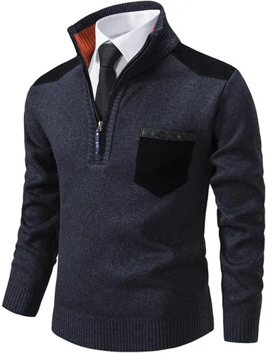 Vista 4 de Suéter de Cuello Alto con cremallera de un cuarto para Hombre, Sudadera clásica canalé, suéter informal Punto