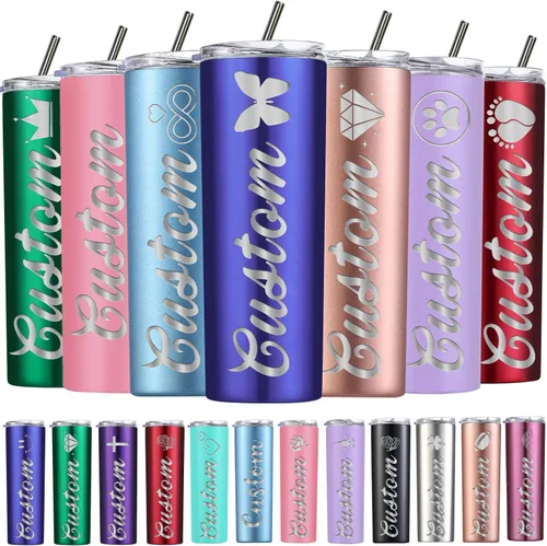 Vista 9 de Vasos delgados personalizados con tapas y pajitas, vaso delgado de acero inoxidable grabado con láser, vasos personalizados con nombre de 20 onzas
