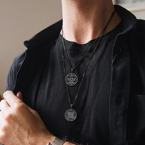 Vista 5 de Collar de sellos de Salomón collar con dije de pentáculo de acero inoxidable Uniex con cadena, protección de amuleto talismánico de la suerte