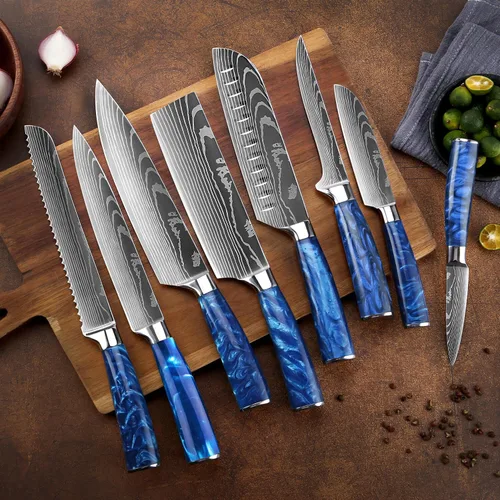 Vista 4 de SENKEN - Juego de 16 cuchillos de acero inoxidable japonés de alto carbono con patrón de damasco, asas de resina azul, 6 cuchillos para carne