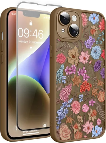 Vista 158 de Magnético para iPhone 13 con protector de pantalla [Compatible con MagSafe] Diseño de patrón floral de flores bonitas, funda delgada a prueba