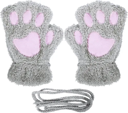 Vista 5 de Loritta 2 Pairs Womens Cat Paw Gloves Winter Plush Faux Fur Cute Kitten Fingerless Mitten
