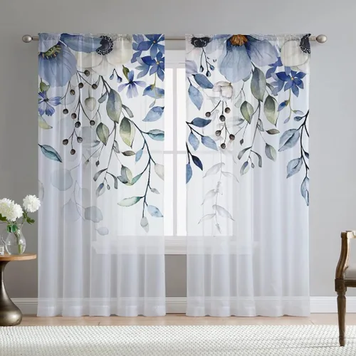 Vista 12 de Cortinas de hojas de eucalipto verdes para sala de estar de 63 pulgadas de largo, juego de 2 paneles elegantes de flores silvestres con estampado