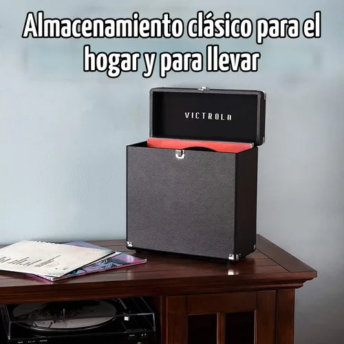 Vista 4 de Victrola Collector – Estuche de almacenamiento para discos de vinilo – Capacidad para más de 30 discos de vinilo para tocadiscos, hardware Negro