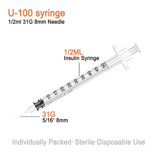 Vista 4 de Jeringa de 0.5ml 31G 8mm con aguja, envuelta individualmente, paquete de 10
