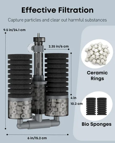 Vista 3 de Pawfly Filtro de esponja para acuario, filtro de tanque de peces, filtro sumergible para acuario pequeño con doble espuma y anillos de cerámica