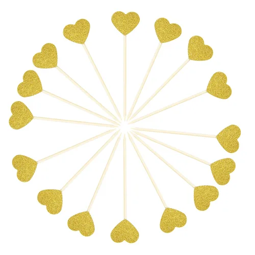 Vista 4 de Ercadio Decoración dorada para cupcakes con diseño de corazón con purpurina dulce, temática de amor, para boda, compromiso, despedida de soltera