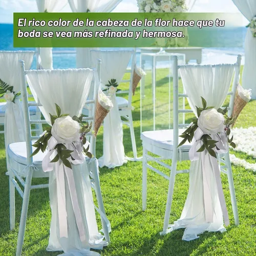 Vista 4 de FQQWEE - 6 piezas de decoración para sillas de pasillo de boda, rosas blancas, flores de respaldo de silla de boda con hojas y cintas, silla