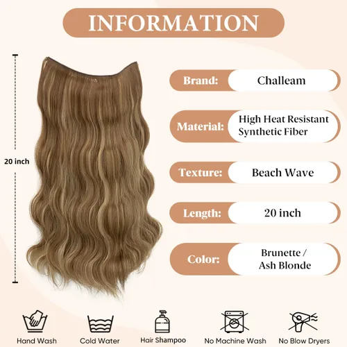 Vista 4 de Extensiones de cabello de alambre transparente invisible con 3 clips seguros, diadema ajustable, tamaño ondulado, rizado, largo, sintético