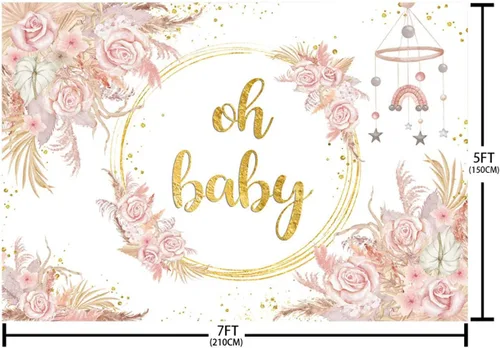 Vista 5 de SENDY Telón de fondo bohemio de 7 x 5 pies para niña, diseño floral rosa para baby shower, decoración de fiesta de baby shower, fiesta de baby