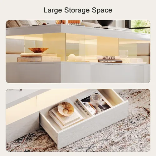 Vista 6 de ChooChoo Mesa de centro moderna con LED, mesa central de alto brillo con cajón, mesa auxiliar rectangular con almacenamiento para sala de estar