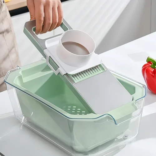 Vista 5 de Rallador de mandolina con cesta de drenaje, rallador de alimentos con contenedor, triturador de cocina 6 en 1 de acero inoxidable, rallador