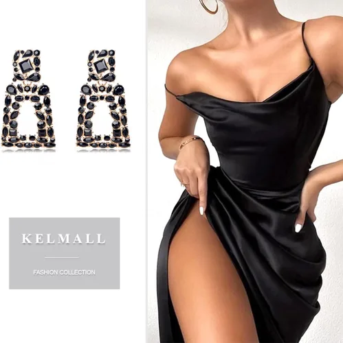 Vista 2 de KELMALL Aretes Colgantes de Pedrería Geométricos Gruesos para Mujeres Aretes Colgantes Rectangulares Audaces de Declaración, Joyería de Moda