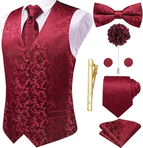 Vista 28 de Hi-Tie Chaleco de traje de seda para hombre, corbata y corbatín de solapa, clip de corbata dorado, chaleco floral de cachemira, 8 piezas, conjunto