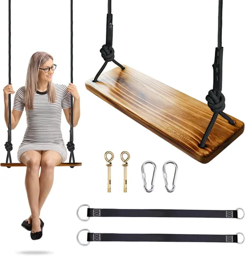 Vista 11 de Columpio de madera colgante, columpio de árbol de 24 x 8 x 1.2 pulgadas para adultos y niños, cuerda de nailon gruesa ajustable y correas de árbol