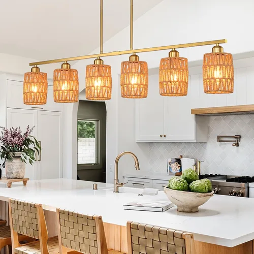 Vista 12 de Lámpara de isla de cocina de ratán, lámpara de araña rústica boho costera, lámpara colgante rústica bohemia de 4 luces para comedor, altura