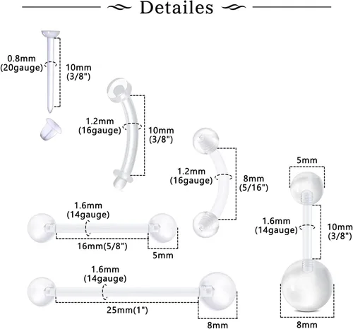 Vista 2 de 37 piezas de retenedores de piercing transparentes para el trabajo, anillos de nariz de plástico bioflex, tachuelas, anillos para el vientre