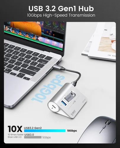 Vista 5 de ORICO Concentrador USB 3.2 Gen2 de 4 puertos, concentrador USB 3.2 de escritorio con 2 USB-A, 2 USB-C, puerto de fuente de alimentación de 5 V 3 A