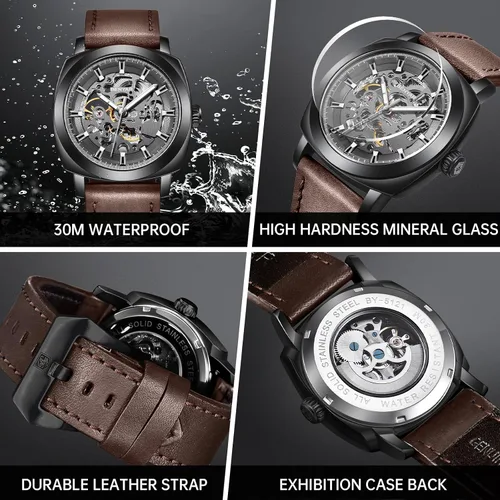Vista 5 de BENYAR Mens Automatic Mechanical Watch Skeleton Dress Watch for Men Gris negro