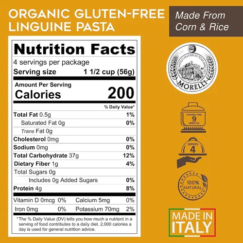 Vista 2 de Morelli Pasta Linguine orgánica sin gluten, pasta sin trigo hecha con maíz, fideos de maíz veganos, pasta sin gluten, pasta orgánica importada