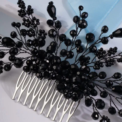 Vista 5 de Missgrace Mujeres nupcial boda hecho a mano cristales negros lado pelo peine ocasión especial tocado negro mujeres accesorios para el cabello