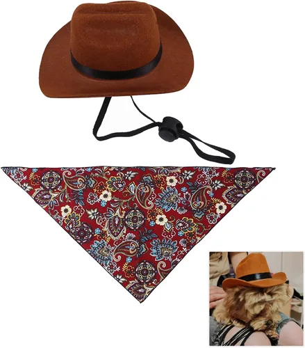 Vista 7 de Sombrero de vaquero para perro con cordón ajustable, bufanda triangular retro y sombrero de perro, sombrero de cosplay para perro, sombrero