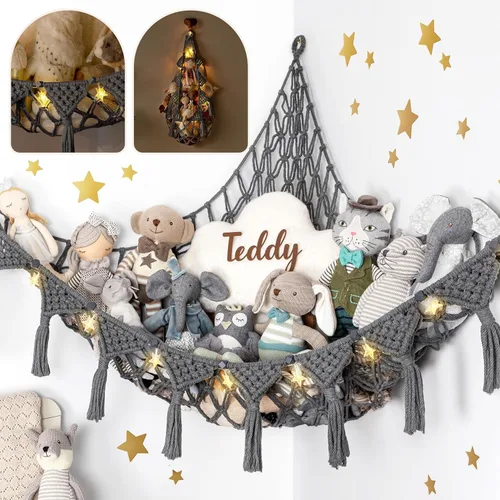 Vista 15 de TIDYTEDS Macramé DreamLights Hamaca de Red de Almacenamiento de Animales de Peluche Boho Extra Grande Soporte de Almacenamiento de Juguetes de Azul
