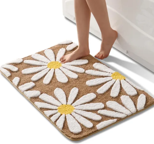 Vista 16 de QJHOMO Alfombra de baño beige con diseño de margaritas, decoración de flores blancas y amarillas, alfombra antideslizante de microfibra, súper